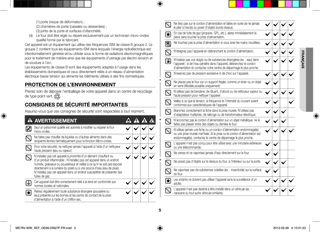 Samsung MW76V-WW/XEF manual Protection DE L’ENVIRONNEMENT, Consignes DE Sécurité Importantes 