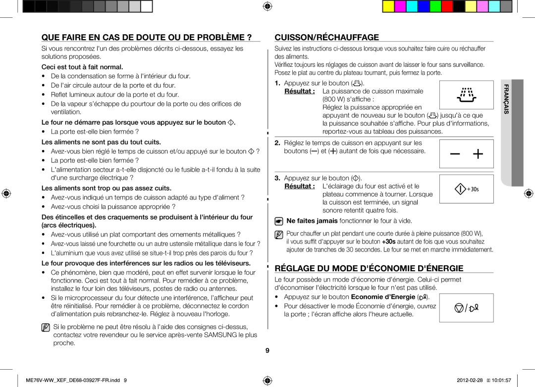 Samsung MW76V-WW/XEF QUE Faire EN CAS DE Doute OU DE Problème ?, Cuisson/Réchauffage, Réglage DU Mode Déconomie Dénergie 