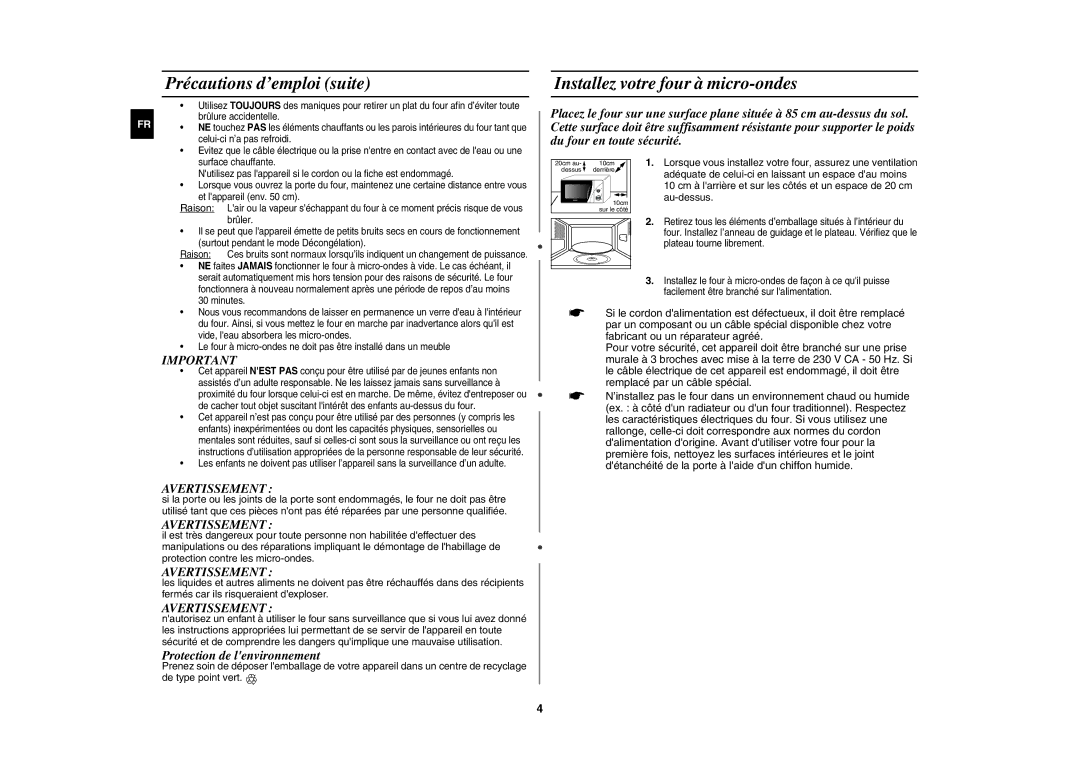 Samsung MW80Y/XEF manual Précautions d’emploi suite, Installez votre four à micro-ondes, Au-dessus 