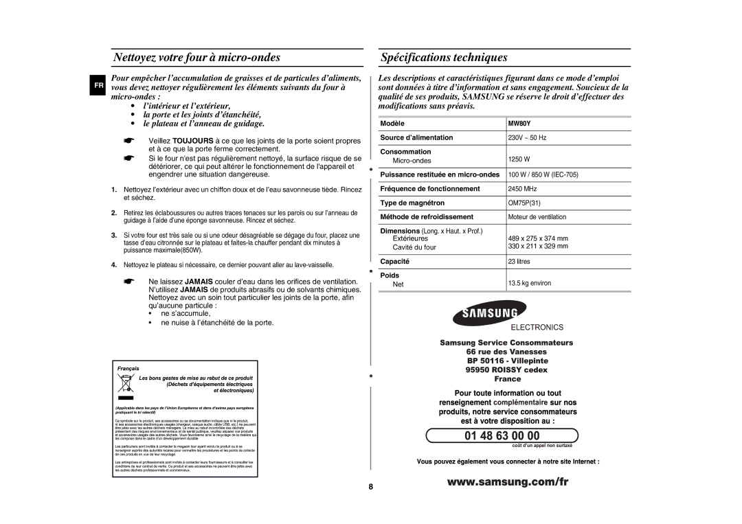 Samsung MW80Y/XEF manual Nettoyez votre four à micro-ondes Spécifications techniques 