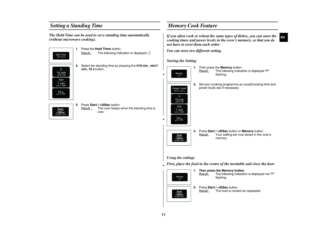 Samsung MW8113ST/ZAM manual Setting a Standing Time, Memory Cook Feature, Min, 10 s button Press Start / +30Sec button 