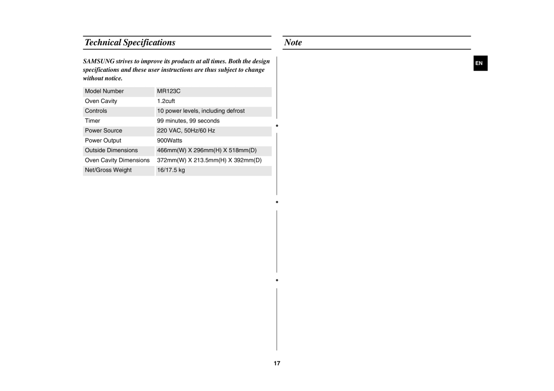 Samsung MW8113ST/ZAM manual Technical Specifications 