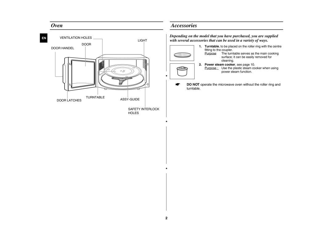 Samsung MW8113ST/ZAM manual Oven, Accessories, Power steam cooker, see 