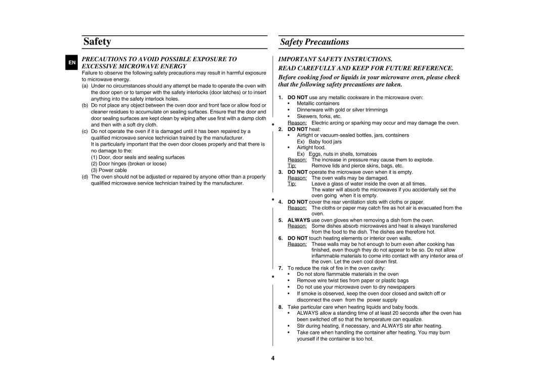 Samsung MW8113ST/ZAM manual Safety Precautions, Do not heat 