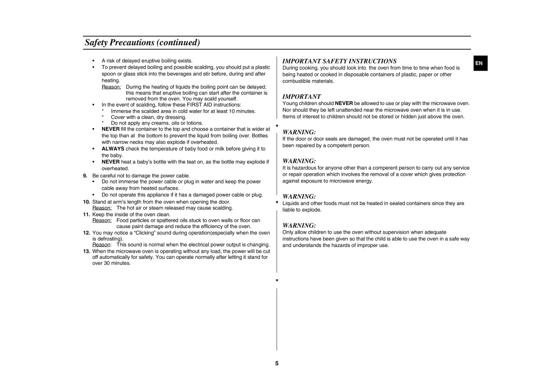 Samsung MW8113ST/ZAM manual Important Safety Instructions 