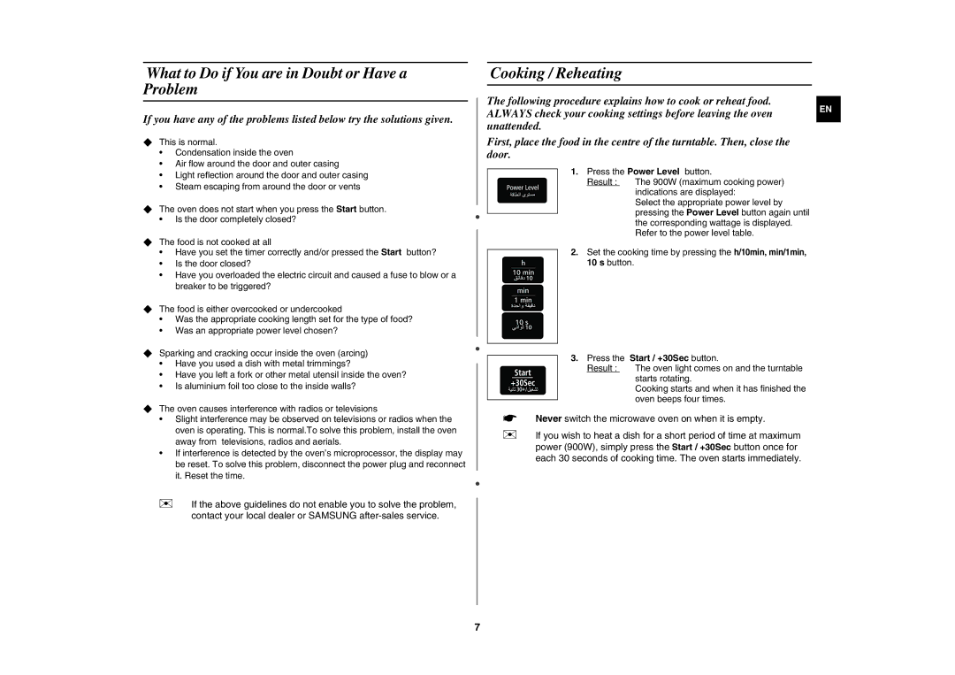 Samsung MW8113ST/ZAM manual What to Do if You are in Doubt or Have a Problem, Cooking / Reheating 