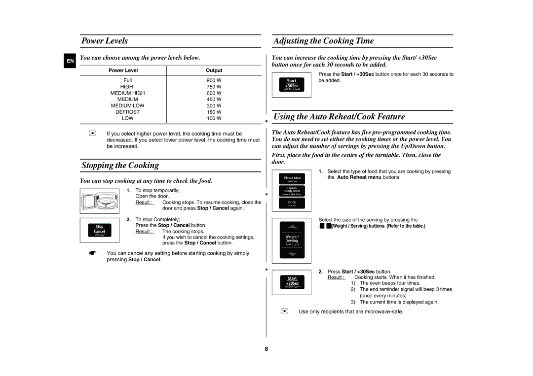 Samsung MW8113ST/ZAM Power Levels, Adjusting the Cooking Time, Using the Auto Reheat/Cook Feature, Stopping the Cooking 