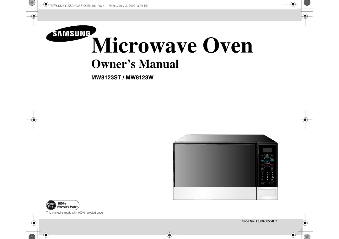 Samsung MW8123ST/SLI manual Microwave Oven, Code No. DE68-03564D 