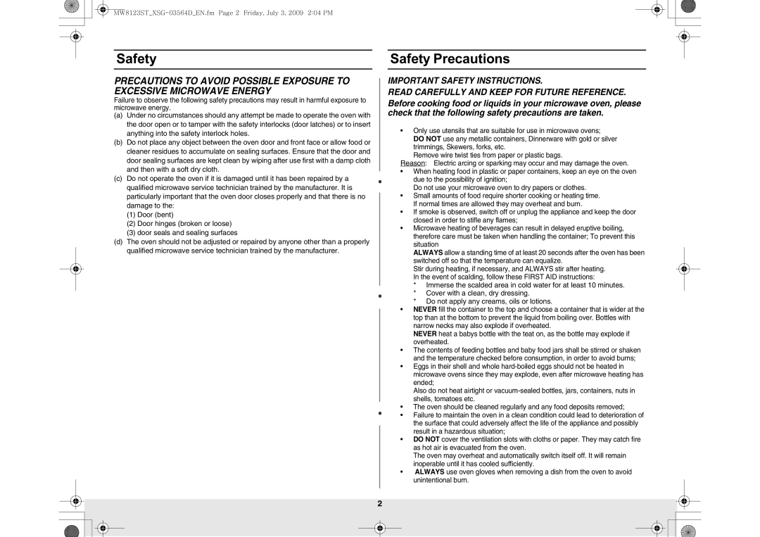 Samsung MW8123ST/SLI manual Safety Precautions 