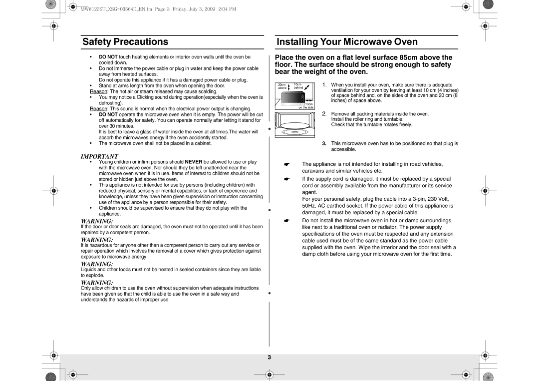 Samsung MW8123ST/SLI manual Safety Precautions, Installing Your Microwave Oven, Inches of space above 