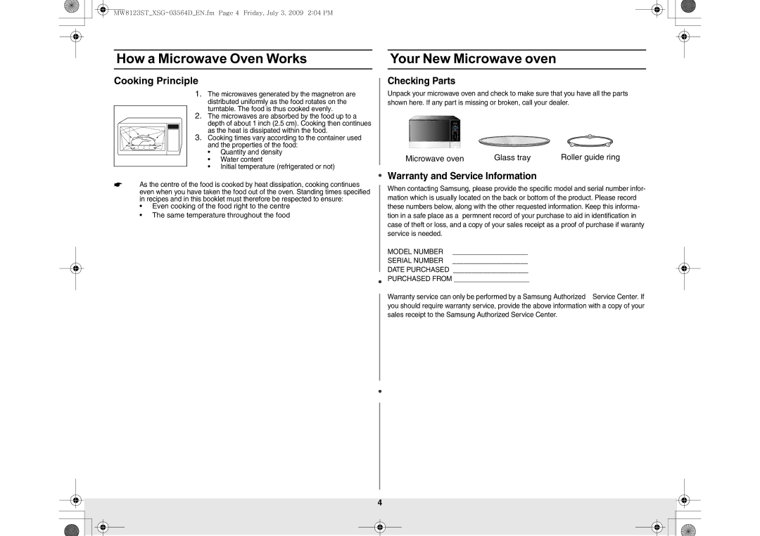 Samsung MW8123ST/SLI manual How a Microwave Oven Works, Your New Microwave oven, Cooking Principle, Checking Parts 