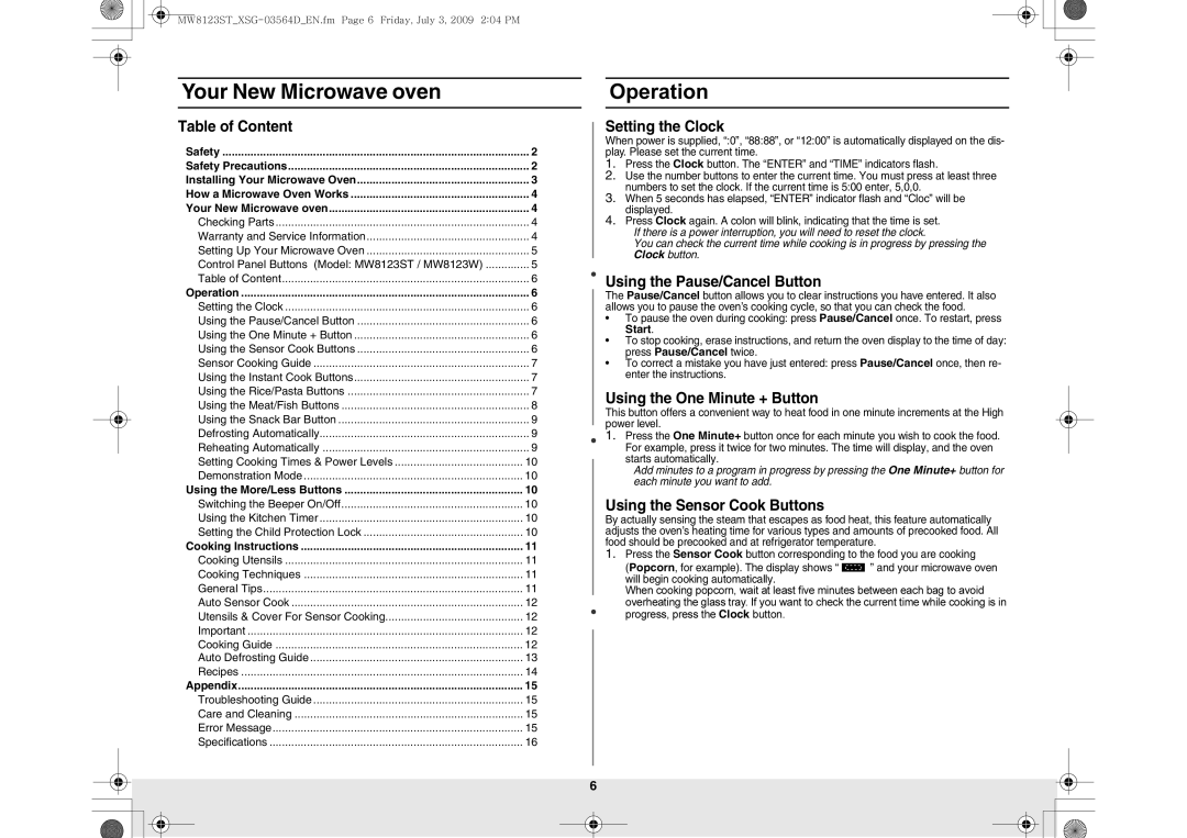 Samsung MW8123ST/SLI manual Operation 