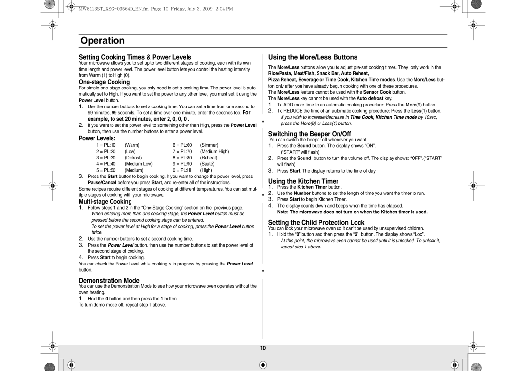 Samsung MW8123ST/SLI manual Using the More/Less Buttons 