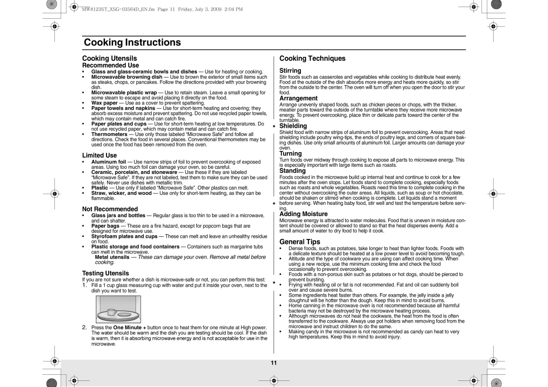 Samsung MW8123ST/SLI manual Cooking Instructions, Cooking Utensils, Cooking Techniques, General Tips 