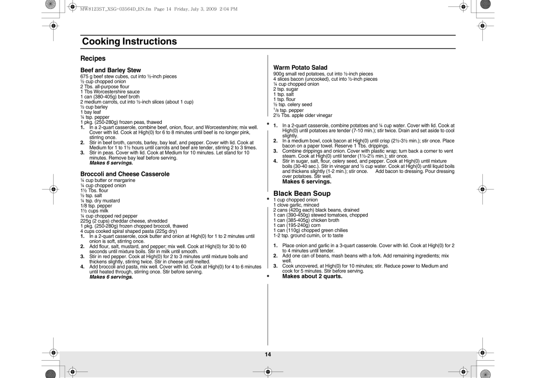 Samsung MW8123ST/SLI Black Bean Soup, Recipes, Beef and Barley Stew, Broccoli and Cheese Casserole, Warm Potato Salad 