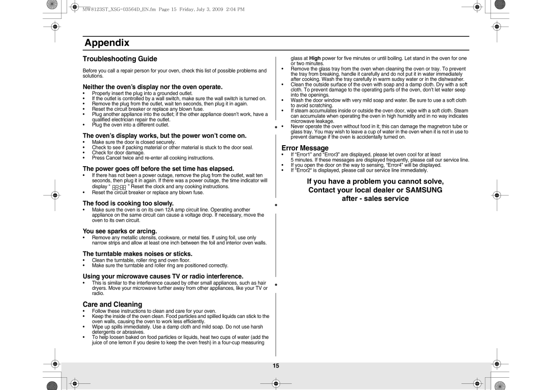 Samsung MW8123ST/SLI manual Appendix, Troubleshooting Guide, Care and Cleaning, Error Message 