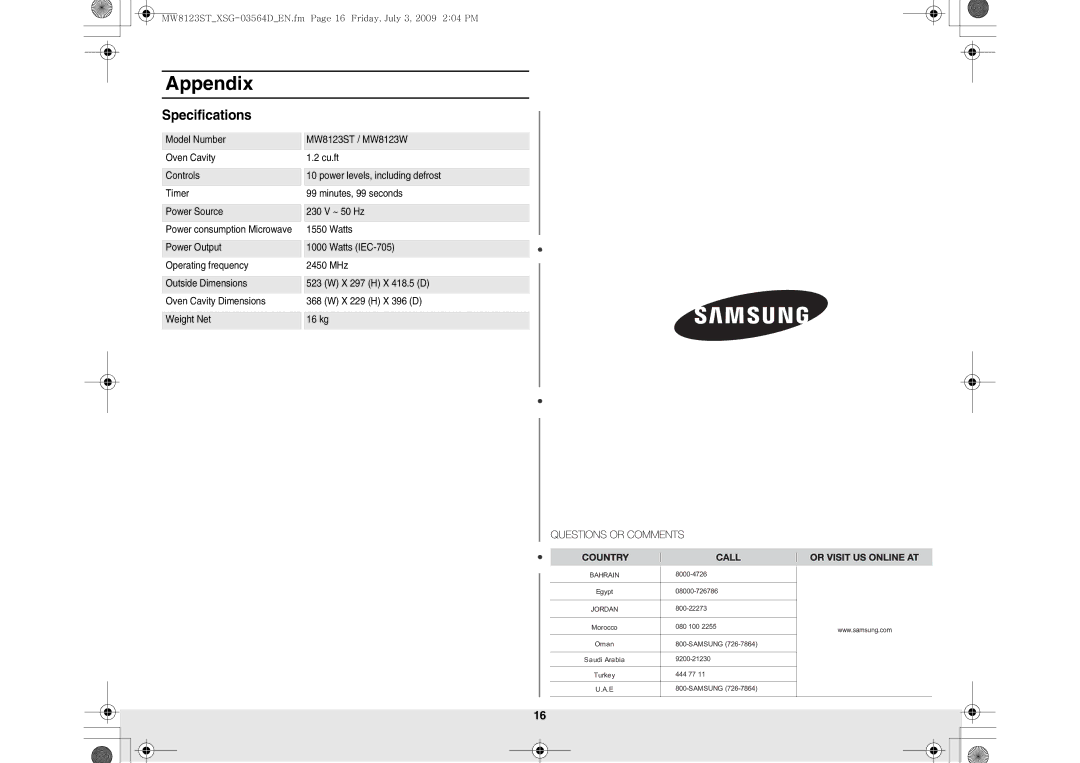 Samsung MW8123ST/SLI manual Specifications 