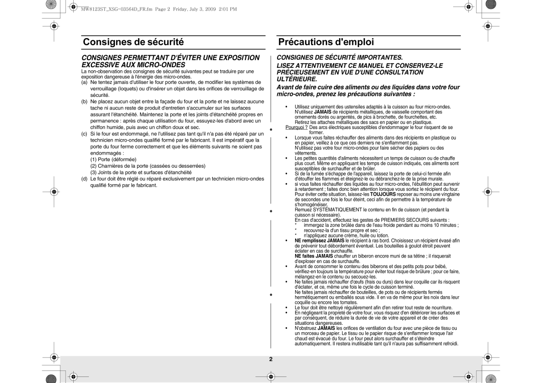 Samsung MW8123ST/SLI manual Consignes de sécurité, Précautions demploi, Former 