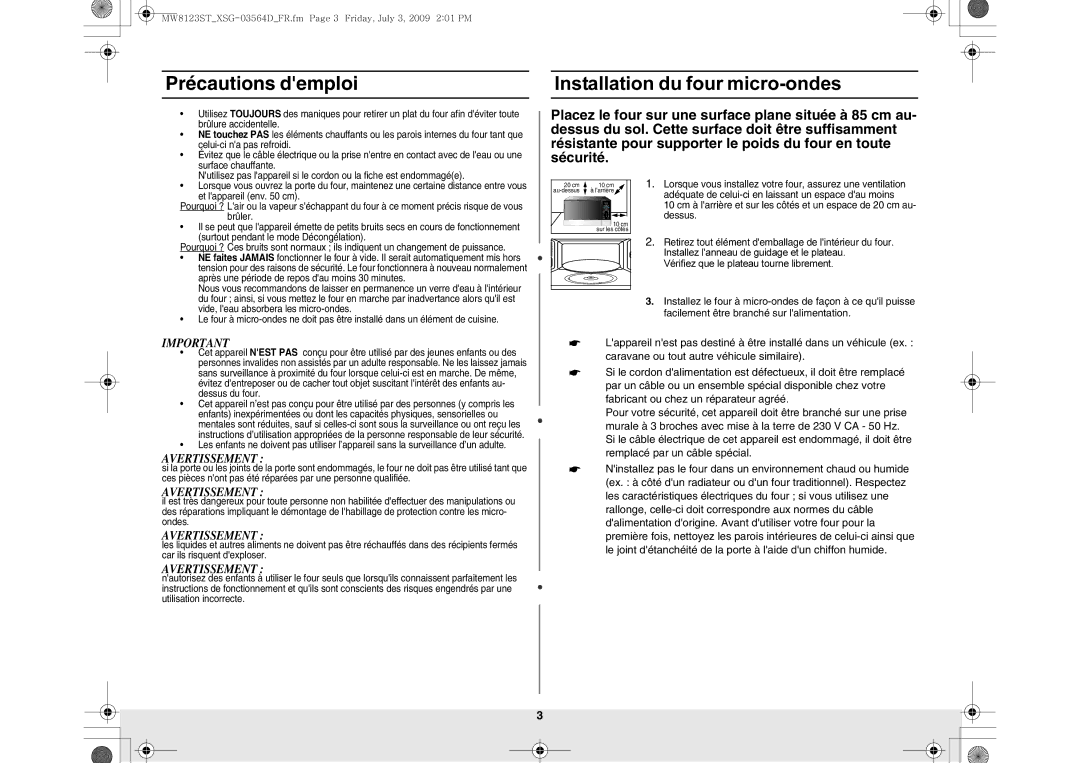 Samsung MW8123ST/SLI manual Précautions demploi, Installation du four micro-ondes, Dessus 