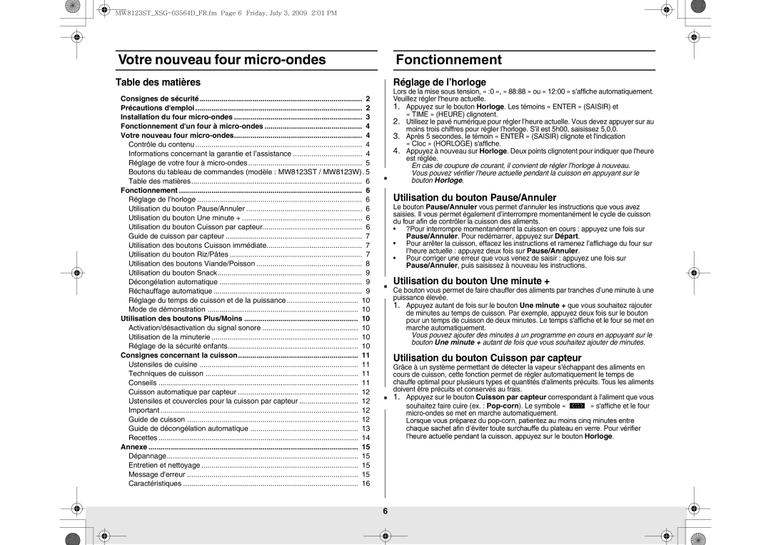 Samsung MW8123ST/SLI manual Fonctionnement 