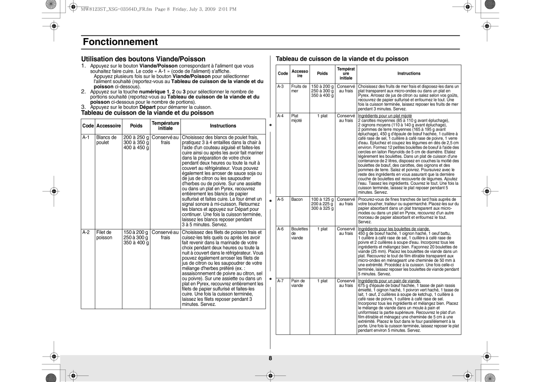 Samsung MW8123ST/SLI manual Utilisation des boutons Viande/Poisson, Tableau de cuisson de la viande et du poisson, Poids 