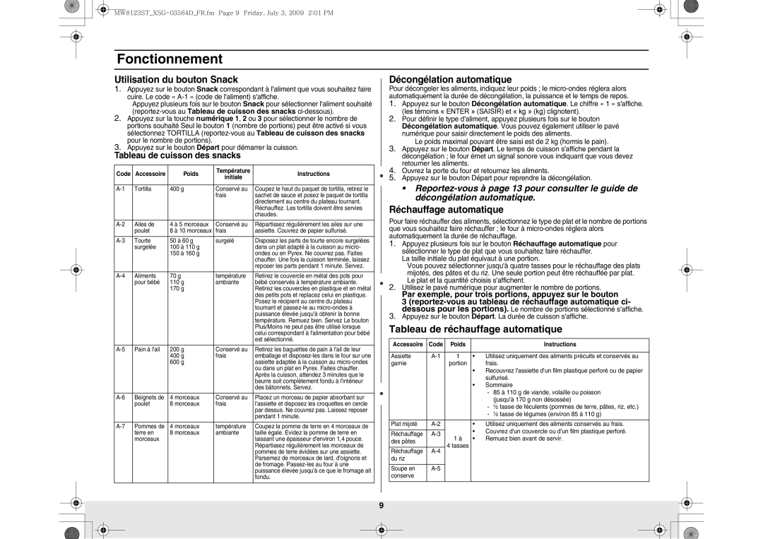 Samsung MW8123ST/SLI manual Tableau de réchauffage automatique, Utilisation du bouton Snack, Décongélation automatique 