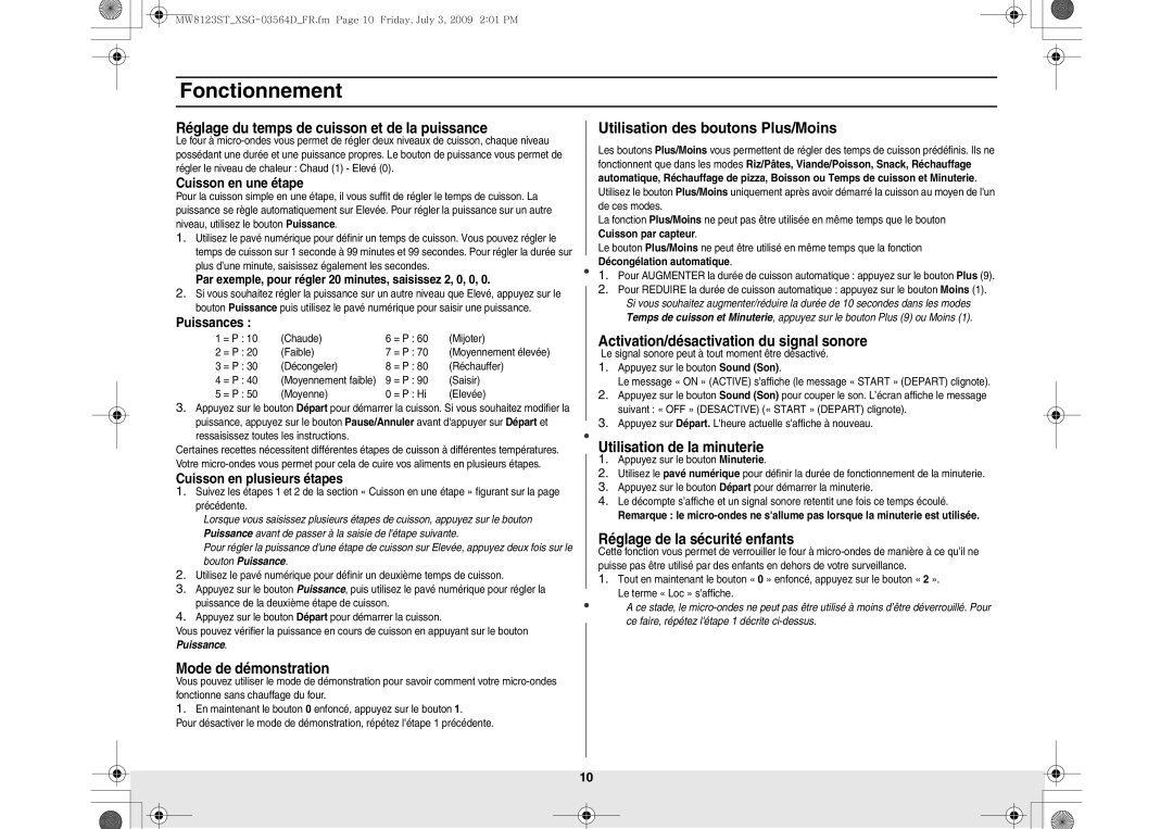 Samsung MW8123ST/SLI manual Utilisation des boutons Plus/Moins 