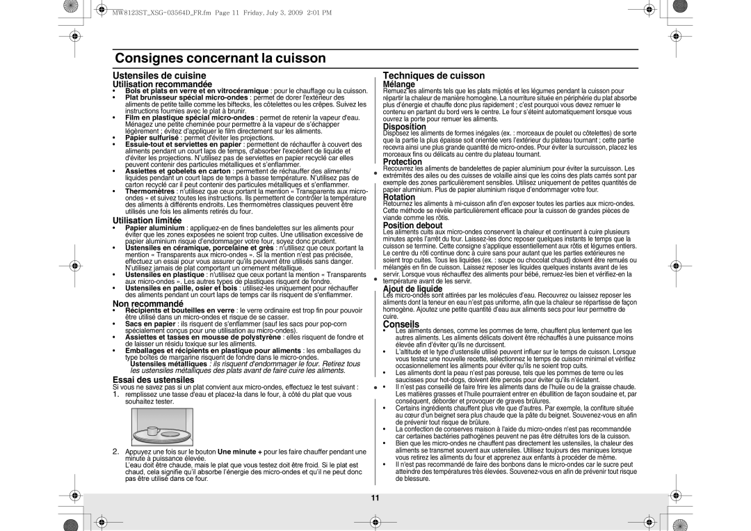 Samsung MW8123ST/SLI manual Consignes concernant la cuisson, Ustensiles de cuisine, Techniques de cuisson 