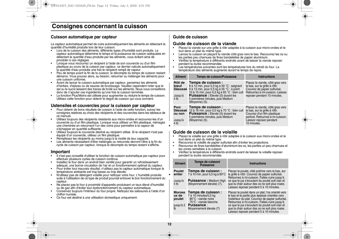 Samsung MW8123ST/SLI manual Guide de cuisson de la viande, Guide de cuisson de la volaille, Cuisson automatique par capteur 