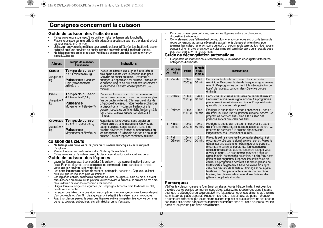 Samsung MW8123ST/SLI manual Guide de cuisson des fruits de mer, Cuisson des œufs, Guide de cuisson des légumes, Remarques 