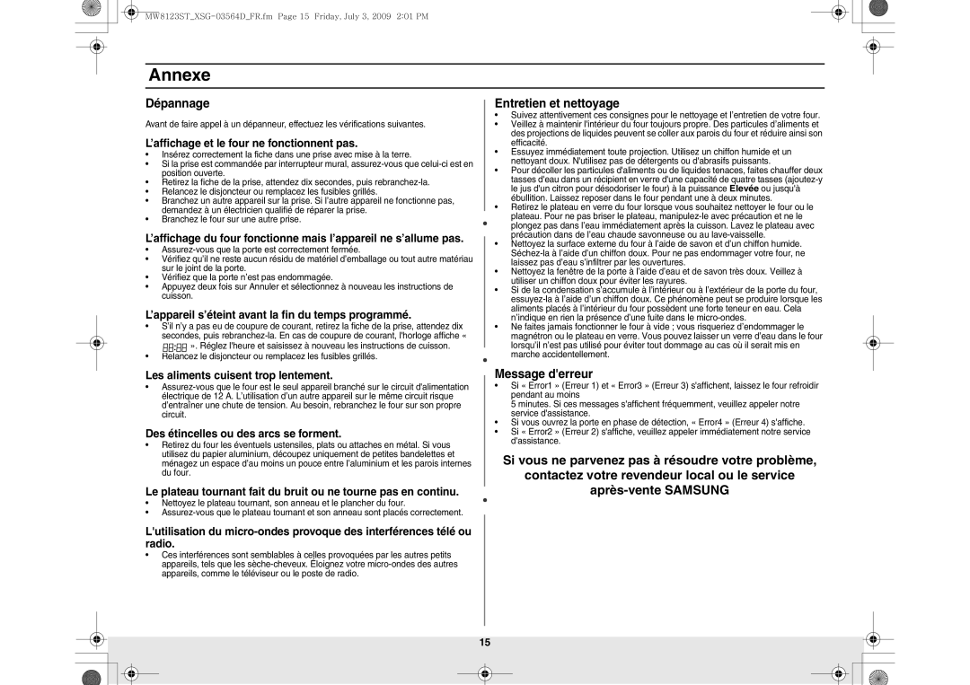 Samsung MW8123ST/SLI manual Annexe, Dépannage, Entretien et nettoyage, Message derreur 