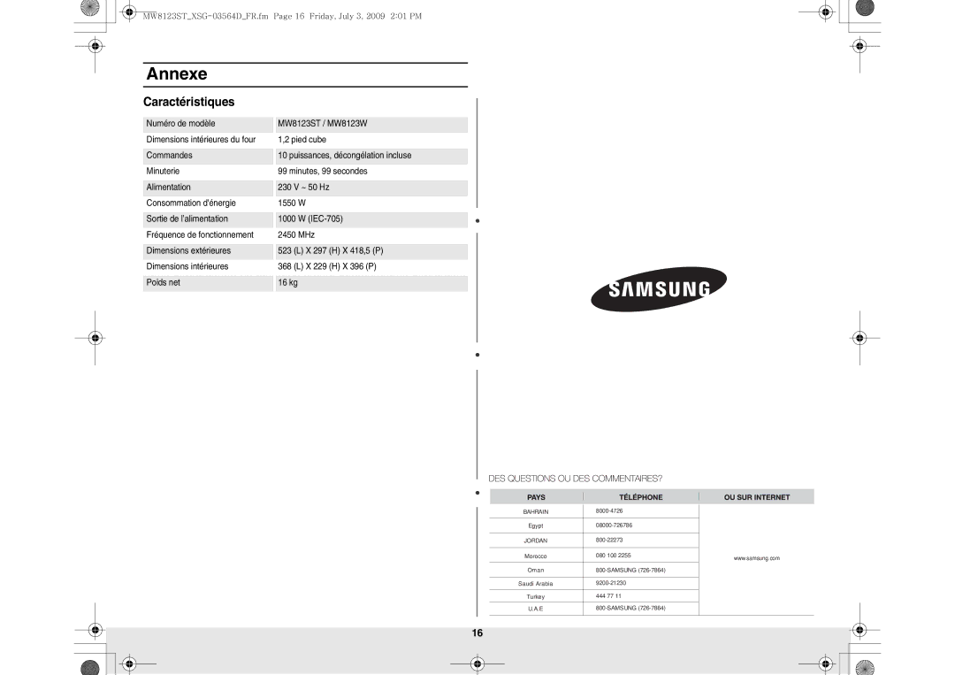 Samsung MW8123ST/SLI manual Caractéristiques 