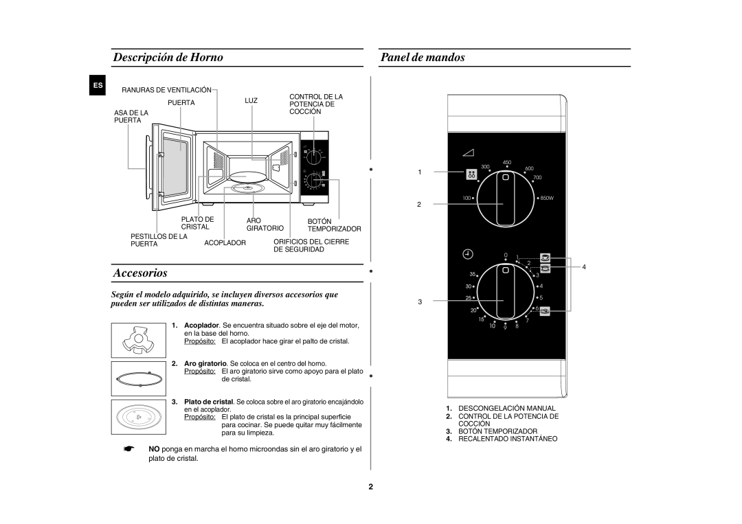 Samsung MW81P-SX/XEC, MW81P-X/XEC manual Descripción de Horno Panel de mandos, Accesorios 