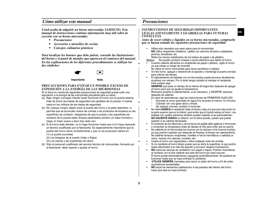 Samsung MW81P-X/XEC, MW81P-SX/XEC Cómo utilizar este manual, Precauciones, Importante Nota 