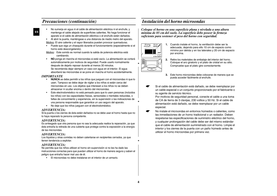 Samsung MW81P-SX/XEC, MW81P-X/XEC manual Precauciones continuación, Instalación del horno microondas 