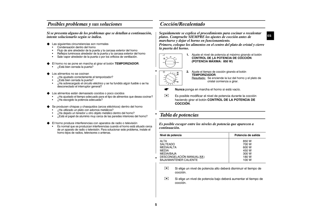 Samsung MW81P-X/XEC manual Posibles problemas y sus soluciones, Cocción/Recalentado, Tabla de potencias, Potencia de salida 