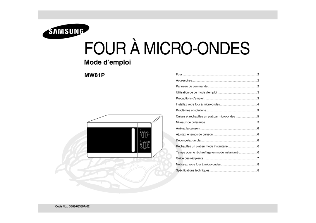 Samsung MW81P/DWP, MW81P-X/XEF, MW81P/XEF, MW81P-SX/XEC manual Four À MICRO-ONDES, Code No. DE68-03389A-02 