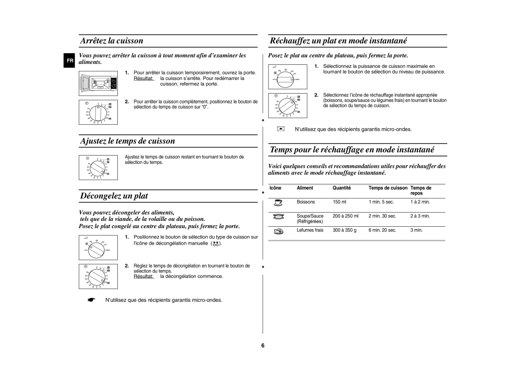 Samsung MW81P/XEF, MW81P-X/XEF manual Arrêtez la cuisson, Réchauffez un plat en mode instantané, Ajustez le temps de cuisson 