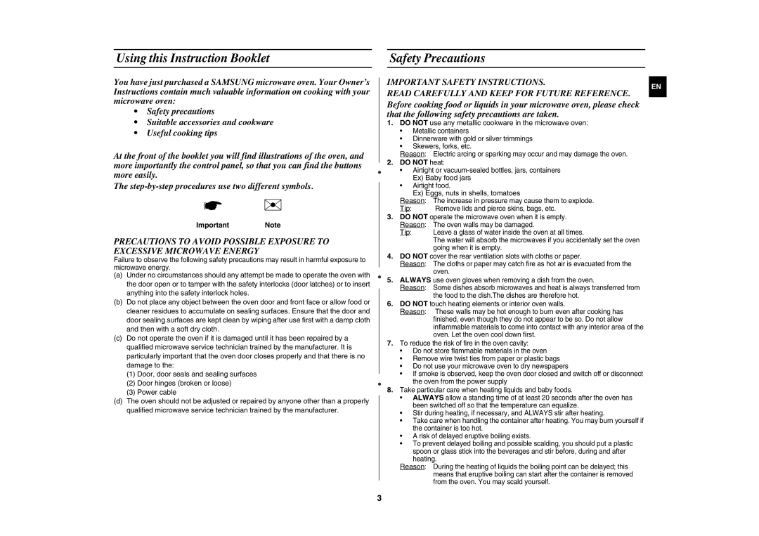 Samsung MW81W-S/XEH manual Using this Instruction Booklet, Safety Precautions, Important Note, Do not heat 