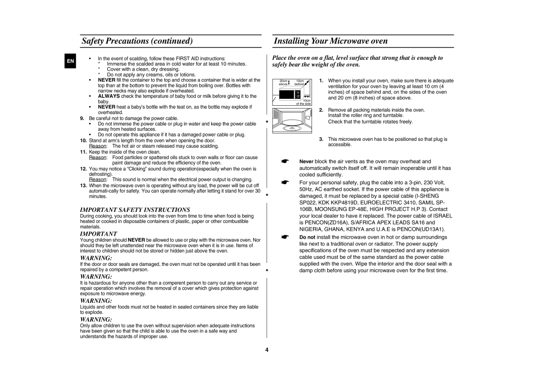 Samsung MW81W-S/XEH manual Installing Your Microwave oven 