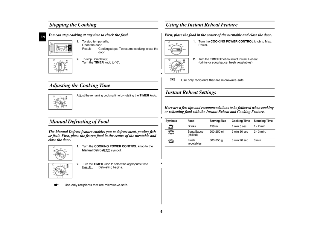 Samsung MW81W-S/XEH manual Stopping the Cooking Using the Instant Reheat Feature, Adjusting the Cooking Time 