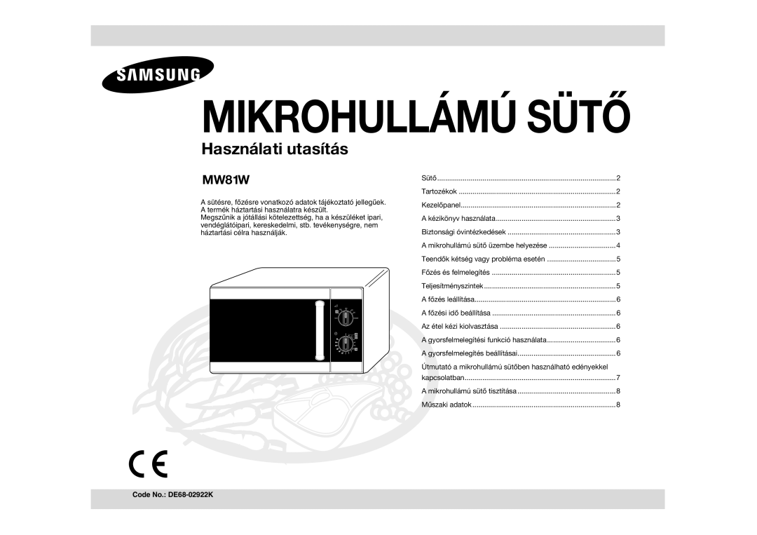 Samsung MW81W-S/XEH manual Mikrohullámú Sütő, Útmutató a mikrohullámú sütőben használható edényekkel 