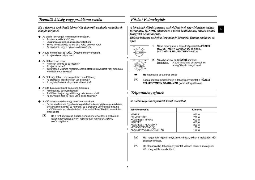 Samsung MW81W-S/XEH manual Teendők kétség vagy probléma esetén, Főzés / Felmelegítés, Teljesítményszintek, Kimenet 