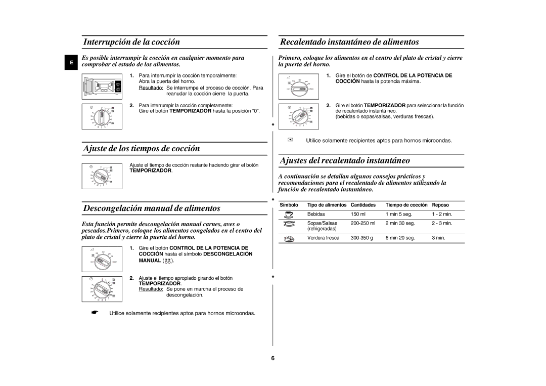 Samsung MW81W-X/XEC Interrupción de la cocción, Ajuste de los tiempos de cocción, Descongelación manual de alimentos 