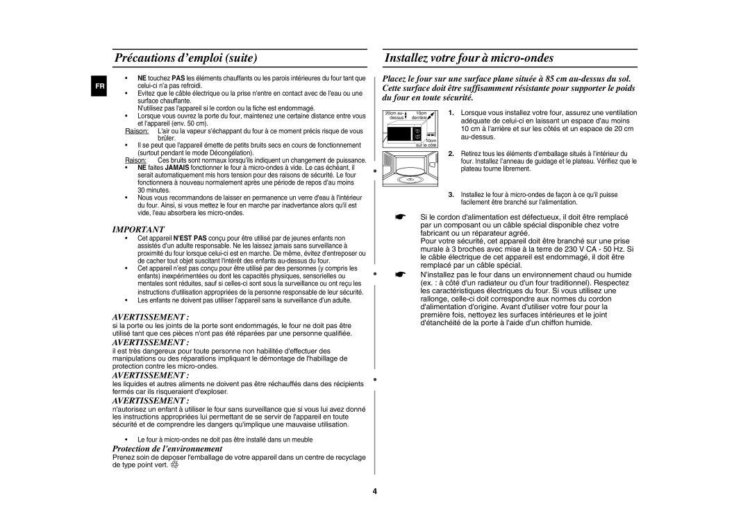 Samsung MW81W-X/XEF manual Précautions d’emploi suite, Installez votre four à micro-ondes, Au-dessus 