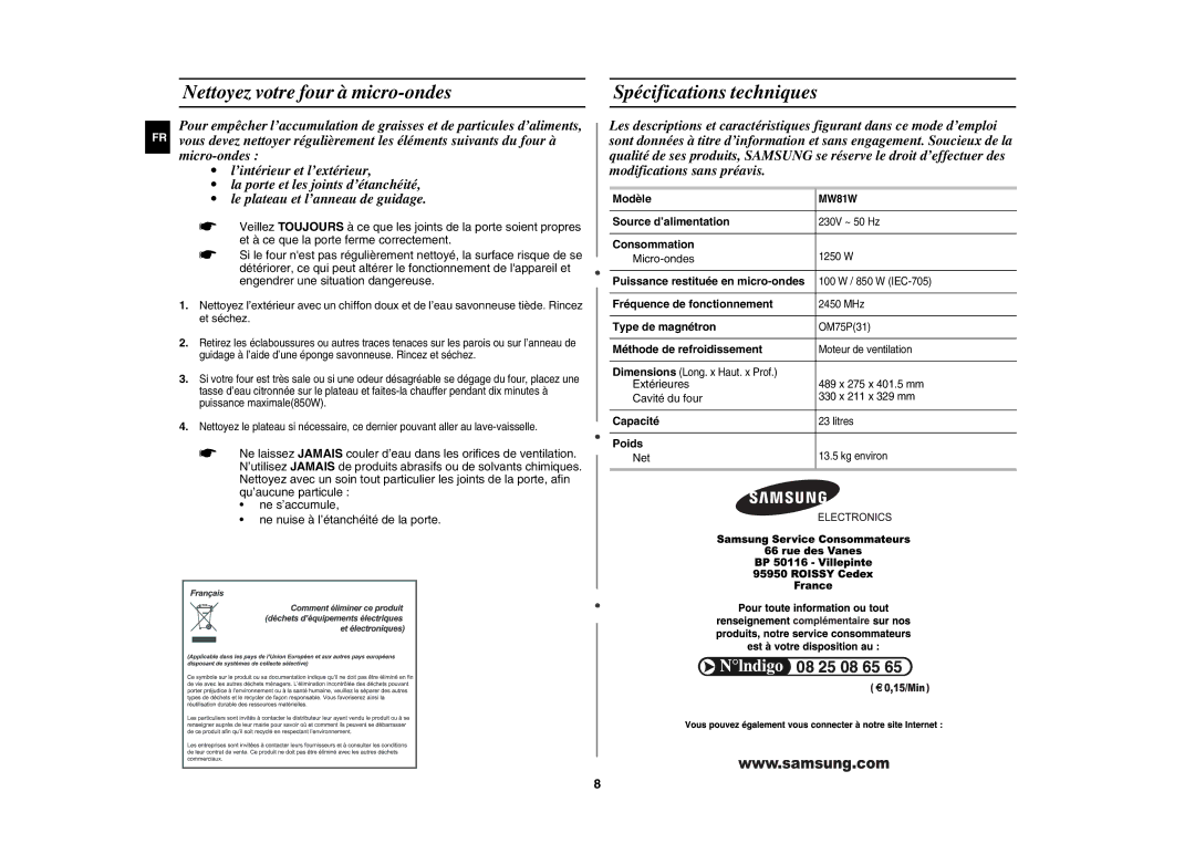 Samsung MW81W-X/XEF manual Nettoyez votre four à micro-ondes Spécifications techniques 