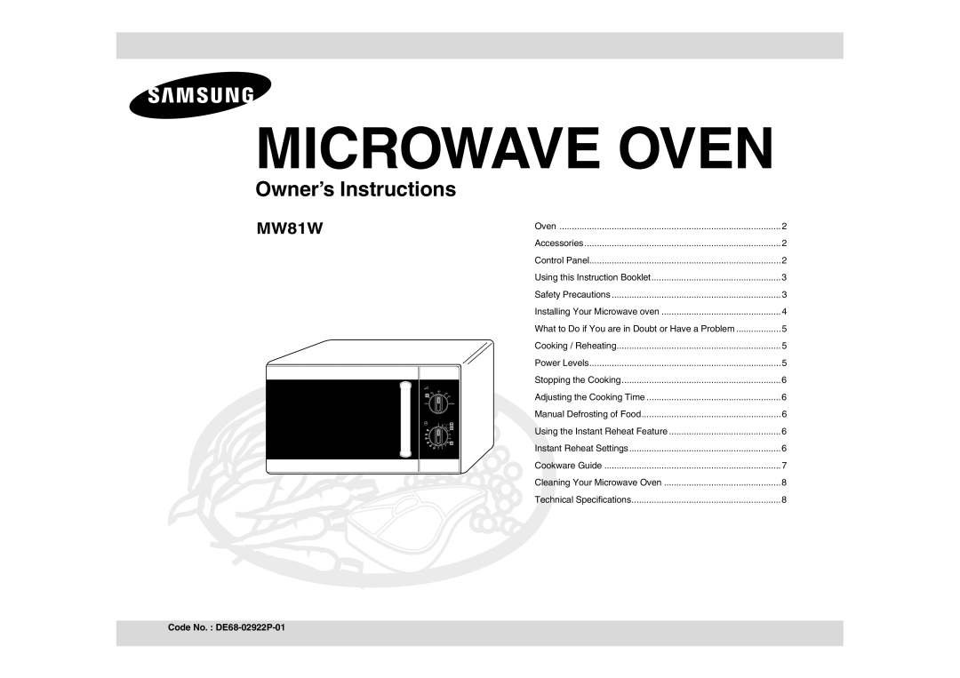 Samsung MW81W/BOL manual Microwave Oven, Code No. DE68-02922P-01 