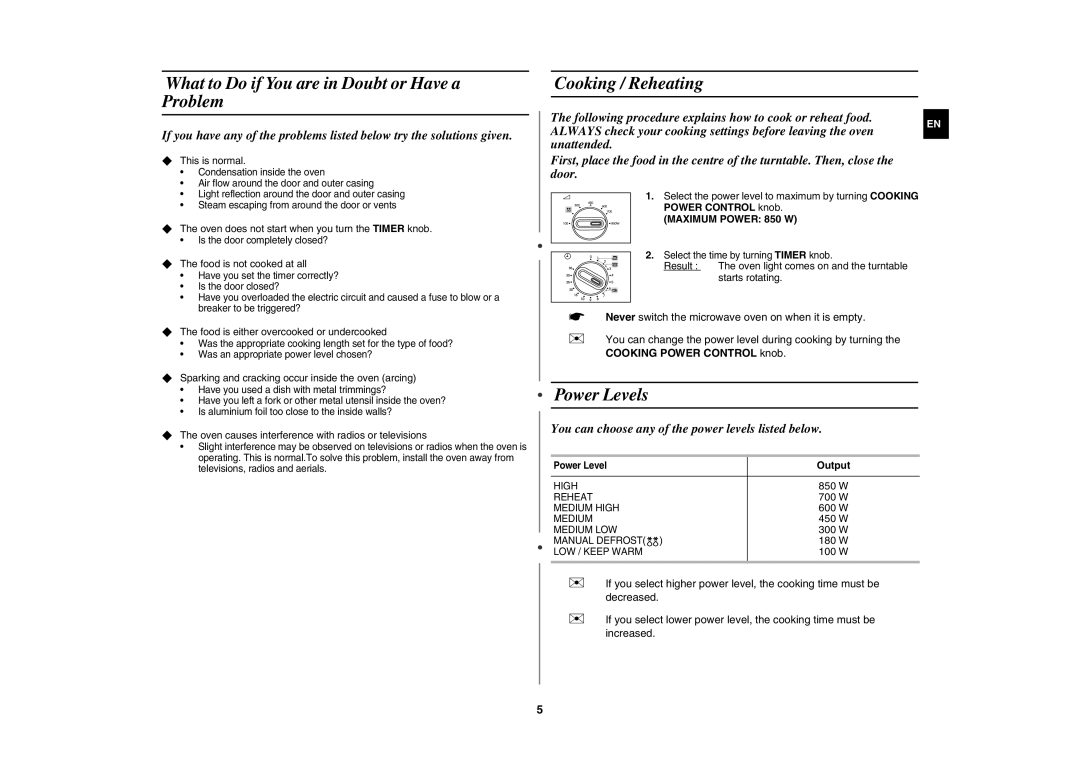 Samsung MW81W/BOL manual What to Do if You are in Doubt or Have a Problem, Cooking / Reheating, Power Levels, Output 