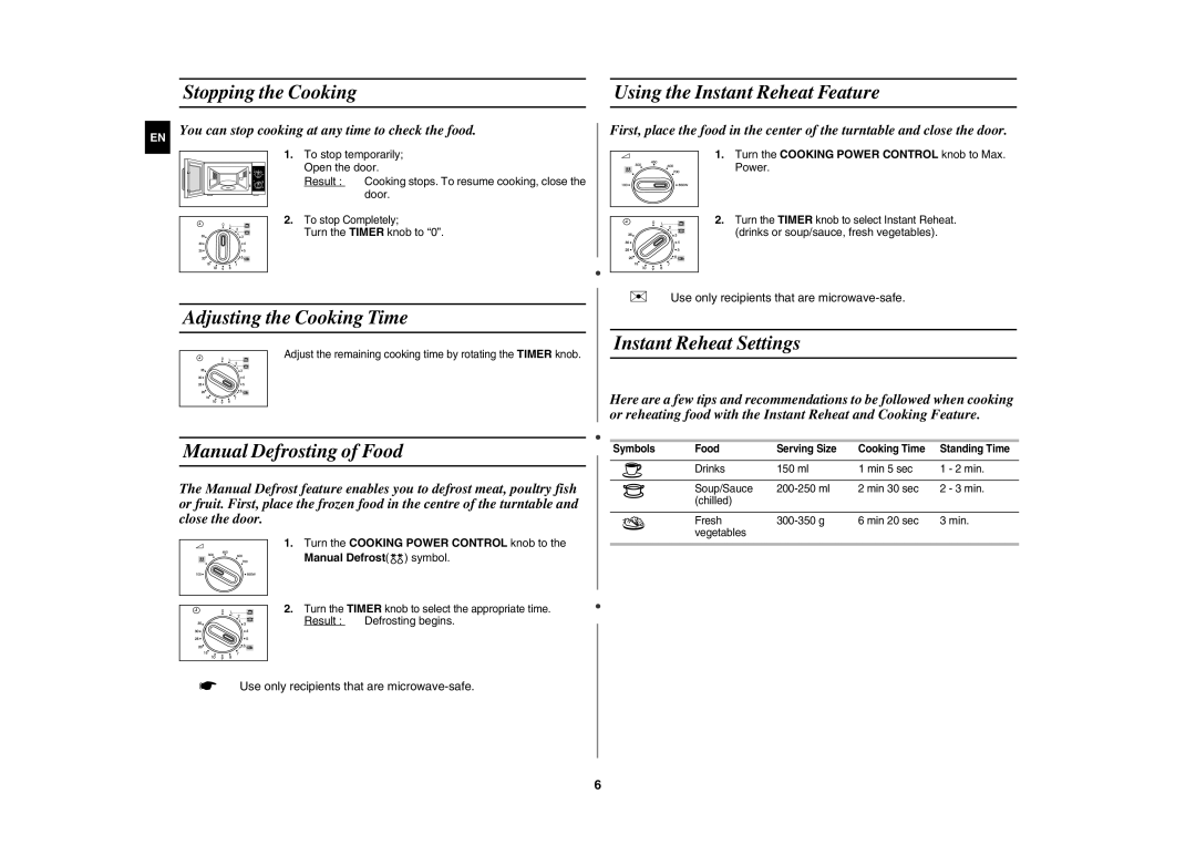 Samsung MW81W/BOL manual Stopping the Cooking Using the Instant Reheat Feature, Adjusting the Cooking Time 