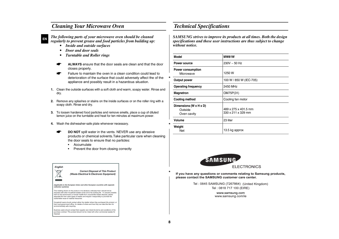 Samsung MW81W/BOL manual Cleaning Your Microwave Oven Technical Specifications, Outside, Oven cavity, Net 